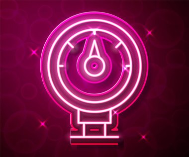 Parlayan neon hattı motor gaz göstergesi simgesi kırmızı arkaplanda izole edildi. Yakıt göstergesi boş. Tam depo göstergesi. Vektör