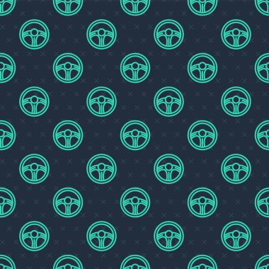 Yeşil çizgi yarış direksiyonu ikonu mavi arka planda izole edilmiş pürüzsüz desen. Araba tekeri ikonu. Vektör