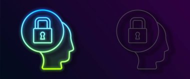 Parlayan neon çizgi simgesi siyah arkaplanda izole edildi. Asma kilit işareti. Güvenlik, güvenlik, koruma, gizlilik kavramı. Vektör