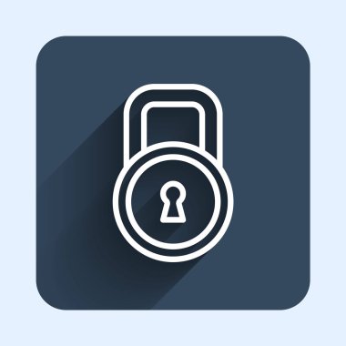 White line Lock icon isolated with long shadow background. Padlock sign. Security, safety, protection, privacy concept. Blue square button. Vector