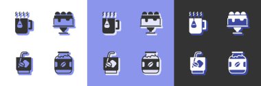 Set Coffee jar bottle, Cup tea with bag, Espresso tonic coffee and Cake icon. Vector