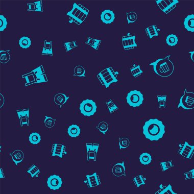 Set Lederhosen, Wooden beer mug, barrel on rack and Bottle opener on seamless pattern. Vector