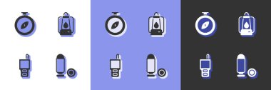 Set Bullet, Compass, Walkie talkie and Camping lantern icon. Vector