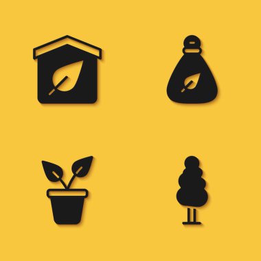 Set Eco friendly house, Tree, Plant in pot and Garbage bag icon with long shadow. Vector