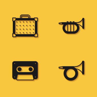Set Guitar amplifier, Trumpet, Retro audio cassette tape and  icon with long shadow. Vector