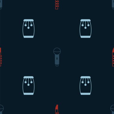 Set Flute, Microphone and Conga drums on seamless pattern. Vector