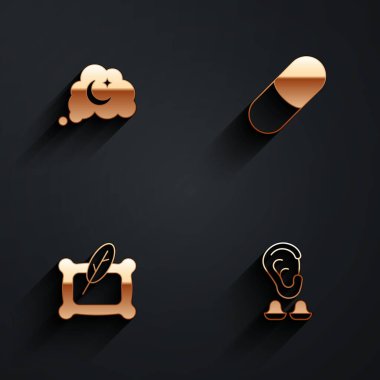 Set Dreams, Sleeping pill, Pillow and Earplugs and ear icon with long shadow. Vector
