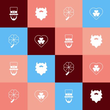 Set pop art Leprechaun, Mustache and beard, Four leaf clover and Heart with trefoil icon. Vector