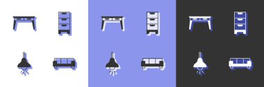 Set Sofa, Office desk, Lamp hanging and Chest drawers icon. Vector