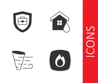 Set Fire flame, Briefcase with shield, Tornado and House flood icon. Vector