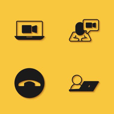 Set Video chat conference, Telephone handset and  icon with long shadow. Vector