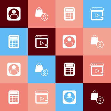 Set pop art Create account screen, shopping bag and dollar, Calculator and Video advertising icon. Vector