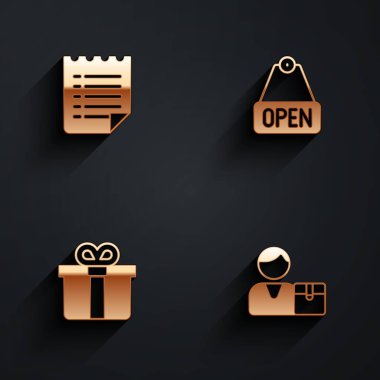 Set Wish list template, Hanging sign with text Open, Gift box and Buyer icon with long shadow. Vector