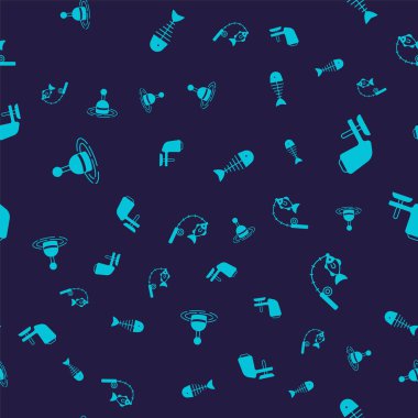 Set Fishing float in water, Outboard boat motor, skeleton and rod and fish on seamless pattern. Vector