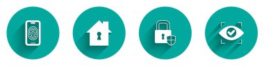 Set Mobile with fingerprint scanner, House under protection, Shield security lock and Eye icon with long shadow. Vector
