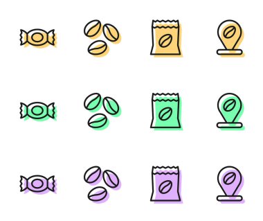 Set line Bag of coffee beans, Candy, Coffee and Location with icon. Vector