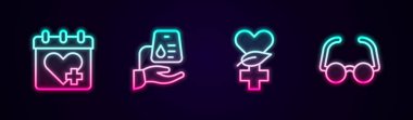 Set line Doctor appointment, Blood donation, Ethnoscience and Glasses. Glowing neon icon. Vector
