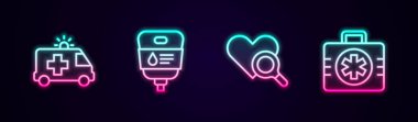 Set line Ambulance car, IV bag, Medical heart inspection and First aid kit. Glowing neon icon. Vector