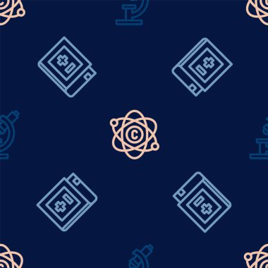 Set line Microscope, Book with mathematics and Atom on seamless pattern. Vector