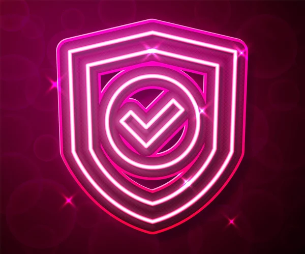 Glowing neon line Shield with check mark icon isolated on red background. Protection symbol. Security check Icon. Tick mark approved icon.  Vector