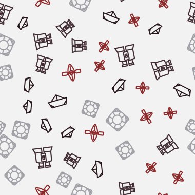 Set line Folded paper boat, Binoculars, Lifebuoy and Kayak and paddle on seamless pattern. Vector