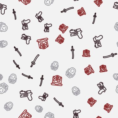 Set line Katana, Futuristic weapon, Artificial intelligence robot and Computer vision on seamless pattern. Vector