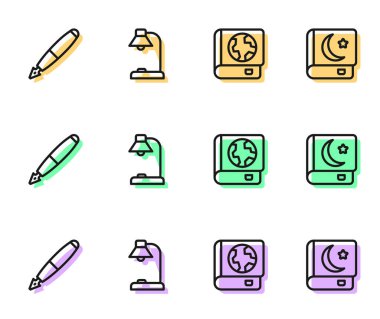 Set line Earth globe and book, Fountain pen nib, Table lamp and Holy of Koran icon. Vector