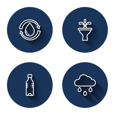 Set line Recycle clean aqua, Fountain, Bottle of water and Cloud with rain with long shadow. Blue circle button. Vector