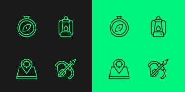 Set line Medieval bow and arrow, Hunt place, Compass and Camping lantern icon. Vector