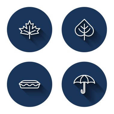 Set line Canadian maple leaf, Leaf, Homemade pie and Umbrella with long shadow. Blue circle button. Vector