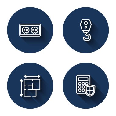 Set line Electrical outlet, Crane hook, House plan and Security keypad access panel with long shadow. Blue circle button. Vector