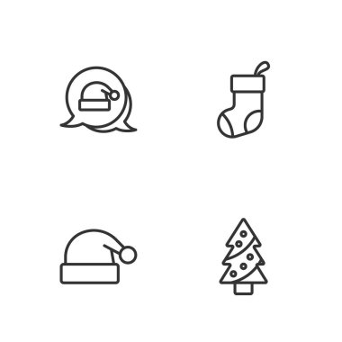 Set line Christmas tree, Santa Claus hat,  and stocking icon. Vector