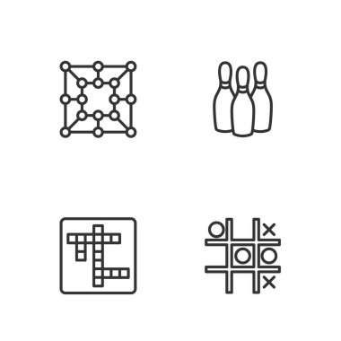 Set line Tic tac toe game, Crossword, Board and Bowling pin icon. Vector
