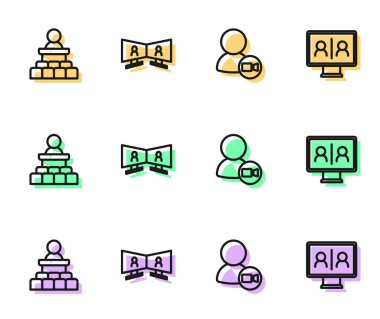 Set line Video chat conference, Speaker,  and  icon. Vector