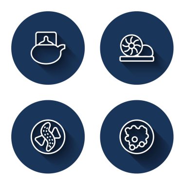 Set line Traditional tea ceremony, Xiao long bao, Served cucumber plate and Rice in bowl with long shadow. Blue circle button. Vector