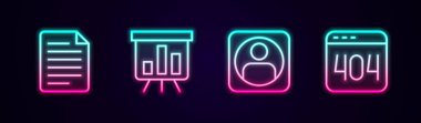 Set line File document, Board with graph chart, Create account screen and Page 404 error. Glowing neon icon. Vector