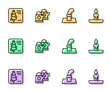 Set line Christmas chimney, postcard, mittens and Burning candle icon. Vector