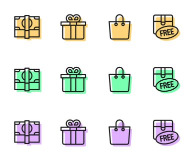 Set line Paper shopping bag, Stacks paper money cash, Gift box and Cardboard with free symbol icon. Vector