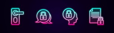 Parmak izi kapı kilidini ve belgeyi ayarlayın. Parlayan neon ikonu. Vektör.