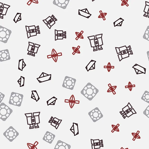 Set line Folded paper boat, Binoculars, Lifebuoy and Kayak and paddle on seamless pattern. Vector