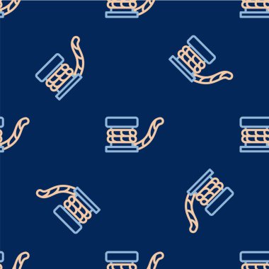 Line Marine bollard with rope tied on pier icon isolated seamless pattern on blue background.  Vector