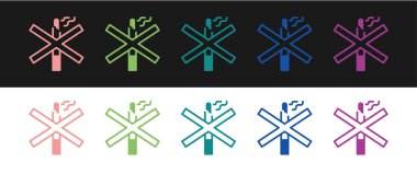 Siyah ve beyaz arkaplanda sigara içilmeyen simgeyi ayarla. Sigara içmek yasaktır işareti. Vektör