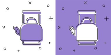 Kettle 'ı beyaz ve mor arkaplanda izole edilmiş tutuş simgesi ile ayarla. Çaydanlık ikonu. Vektör