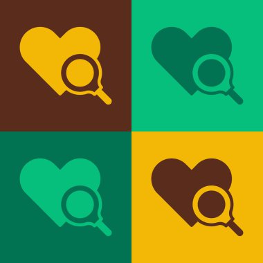 Pop art Medical heart inspection icon isolated on color background. Heart magnifier search.  Vector