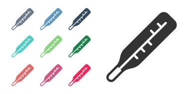 Tıbbi inceleme ikonu için siyah termometre beyaz arka planda izole edildi. Simgeleri renklendirin. Vektör