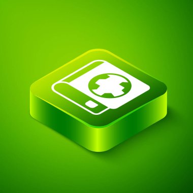 Isometric Earth globe and book icon isolated on green background. World or Earth sign. Global internet symbol. Geometric shapes. Green square button. Vector