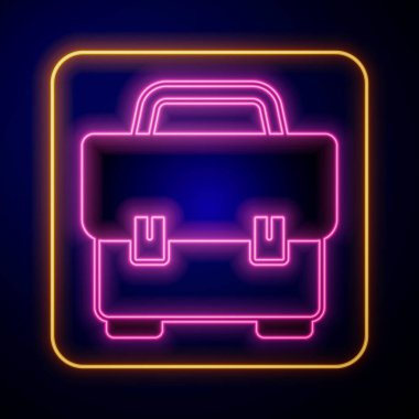 Parlayan neon araç kutusu simgesi siyah arkaplanda izole edildi. Alet kutusu tabelası. Vektör