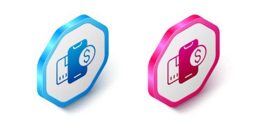 Isometric Smartphone with dollar symbol icon isolated on white background. Online shopping concept. Financial mobile phone icon. Online payment. Hexagon button. Vector