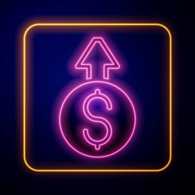Parlayan neon neon madeni para ikonu siyah arka planda izole edildi. Gelirleri arttırıyorum. Vektör