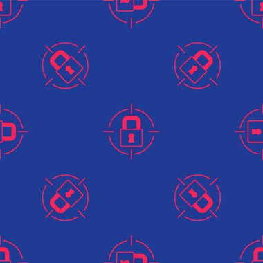 Kırmızı Kilit simgesi mavi arkaplanda izole edilmiş. Asma kilit işareti. Güvenlik, güvenlik, koruma, gizlilik kavramı. Vektör